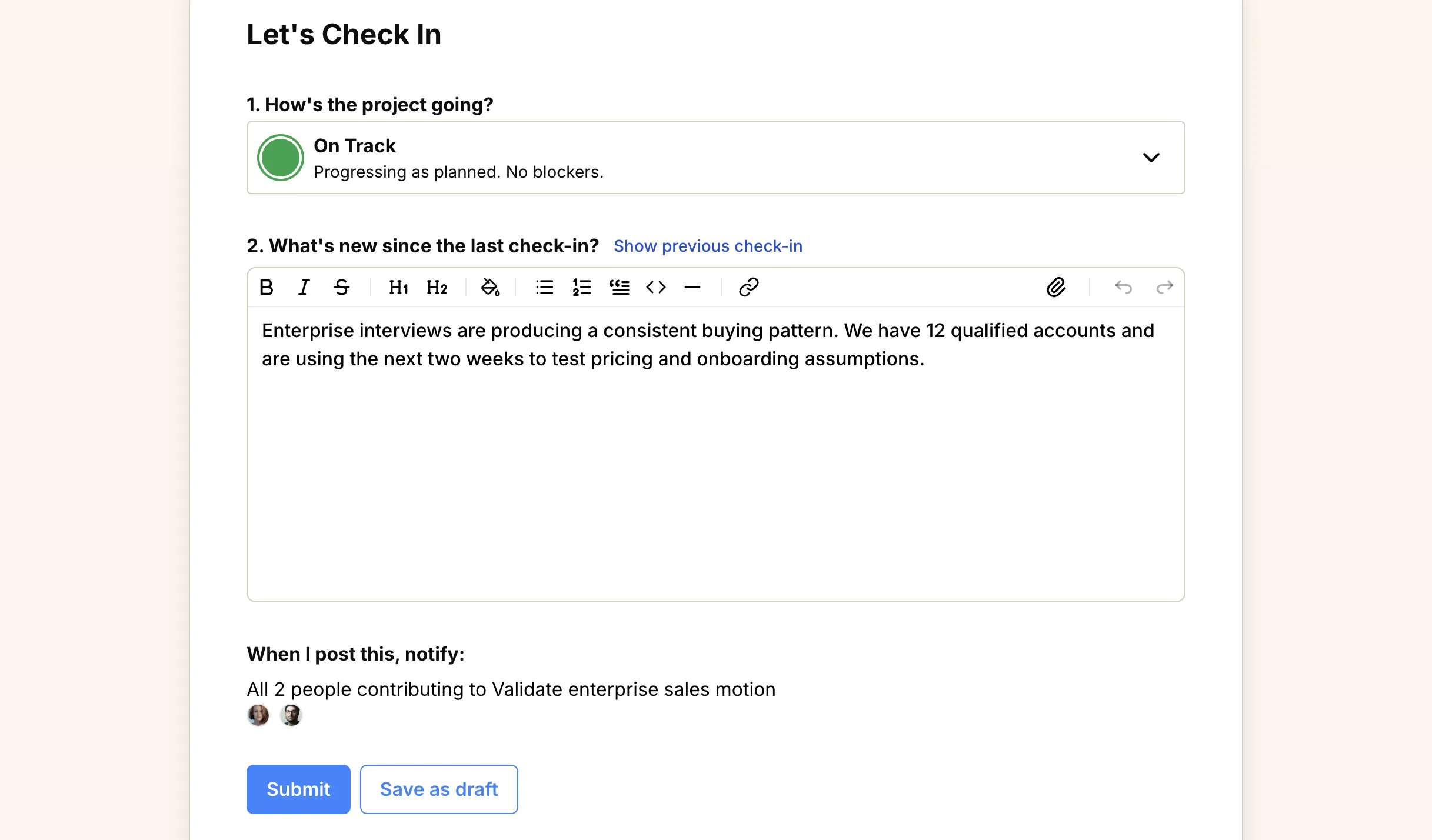 Draft check-in with Save as draft and Submit actions visible