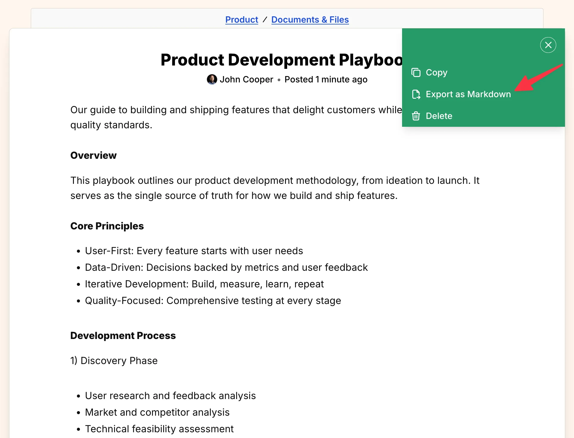 Screenshot: Export from document page