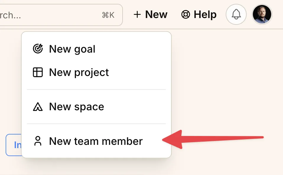 Screenshot: "+ New" menu dropdown with "New team member" option
