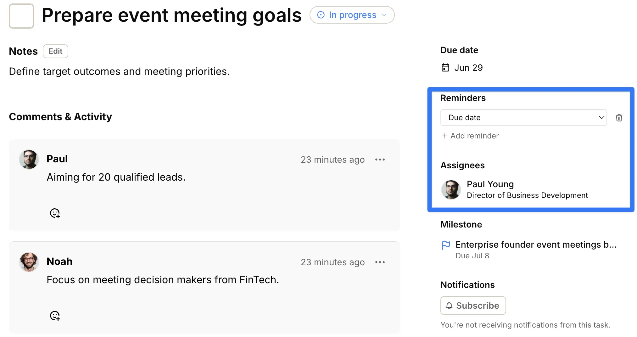 Reminders section in task slide-in sidebar