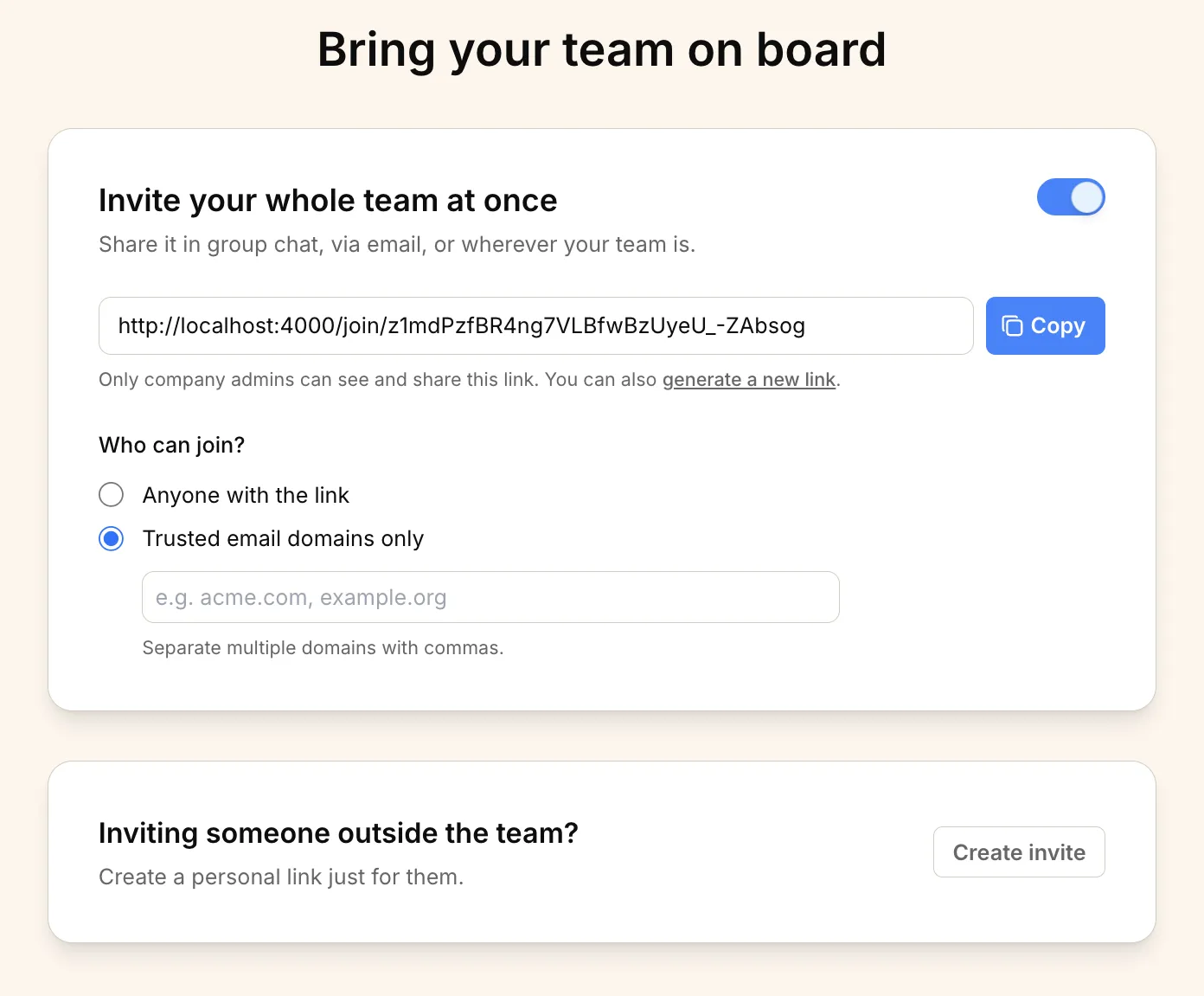 Screenshot: Team invite links